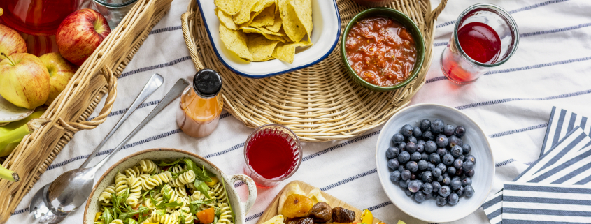 Summer picnic with finger foods and fresh fruit